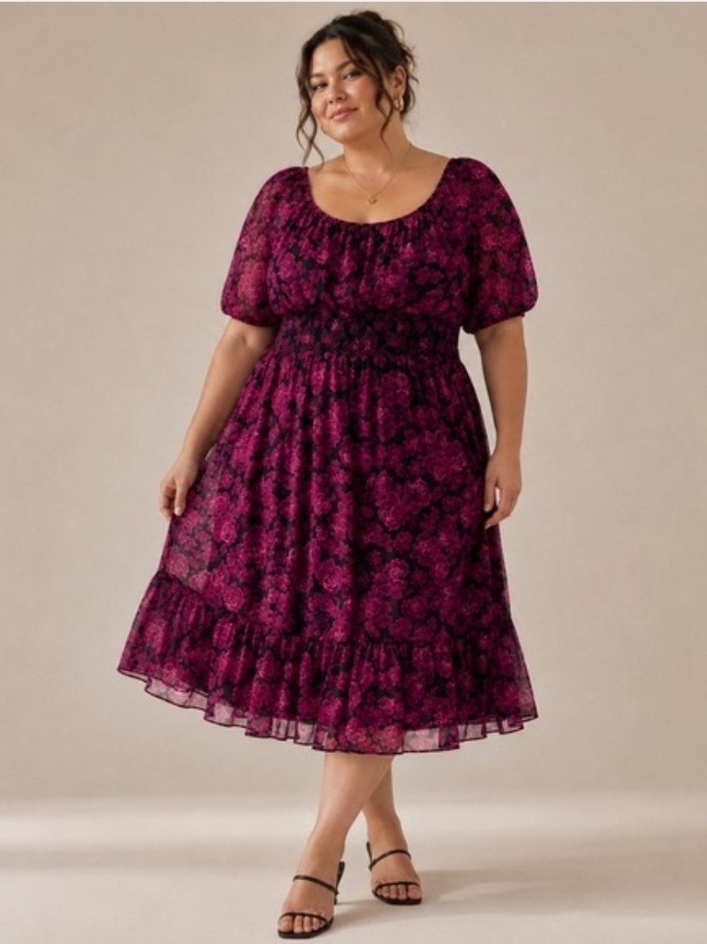 Terra & Sky Magenta Floral Puff-Sleeve Midi Dress